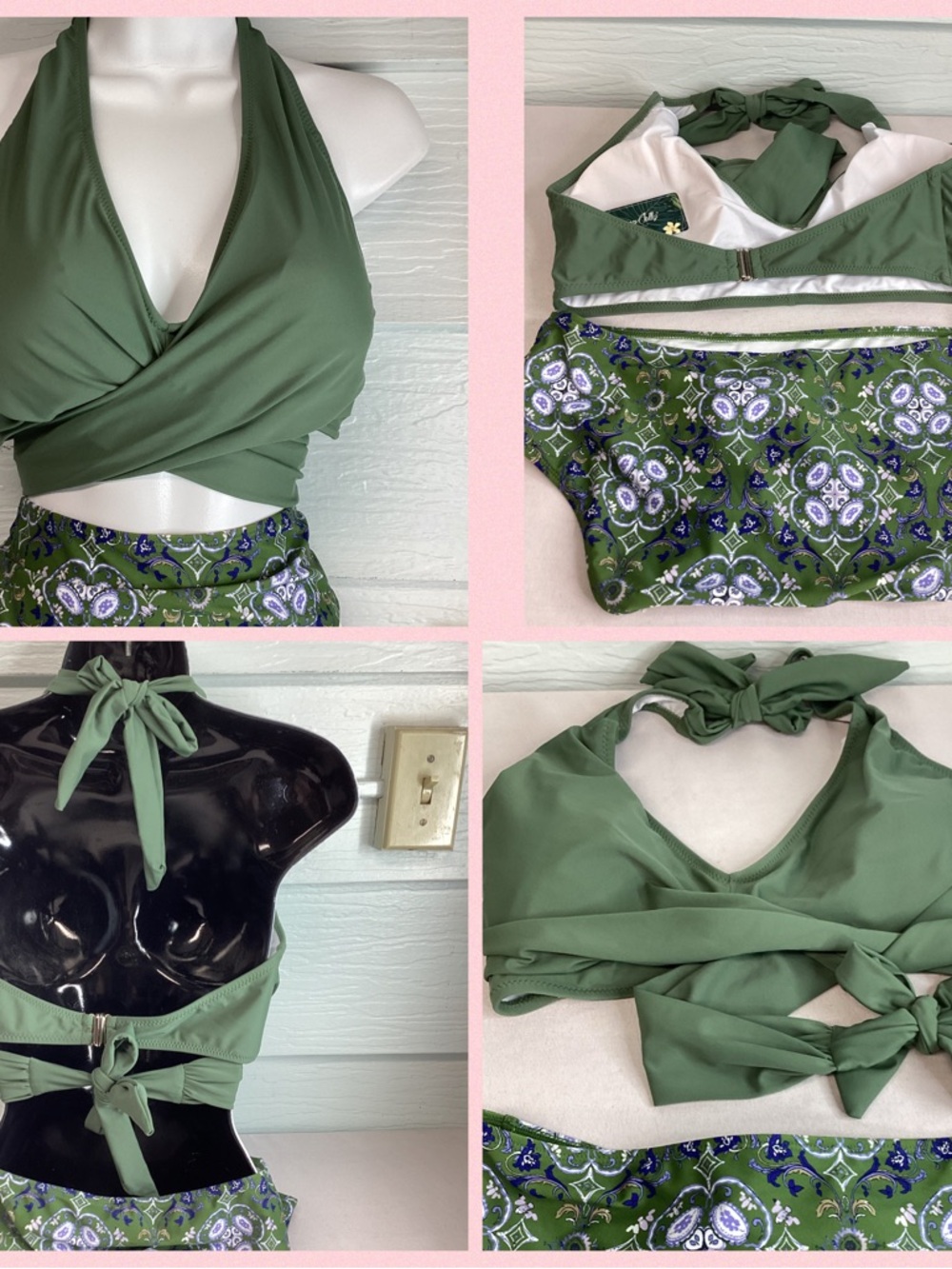 Women’s Olive Green Halter Wrap Swim Top and High-Waist Bottoms51 - Picture 2 of 6